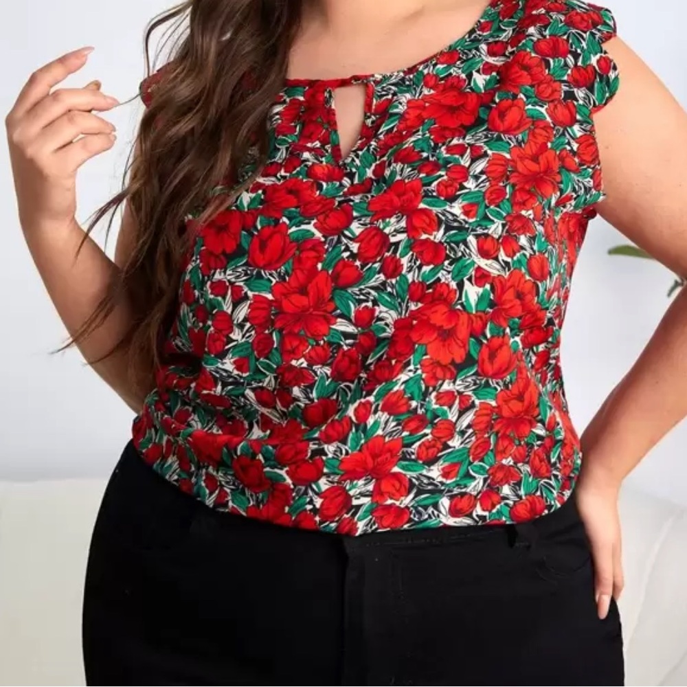 SHEIN Red and Green Floral Blouse